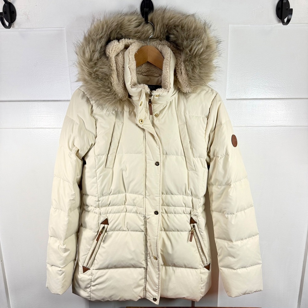 Lauren Ralph Lauren Cream Puffer Jacket Faux Fur Hood Sherpa Collar Womens Med